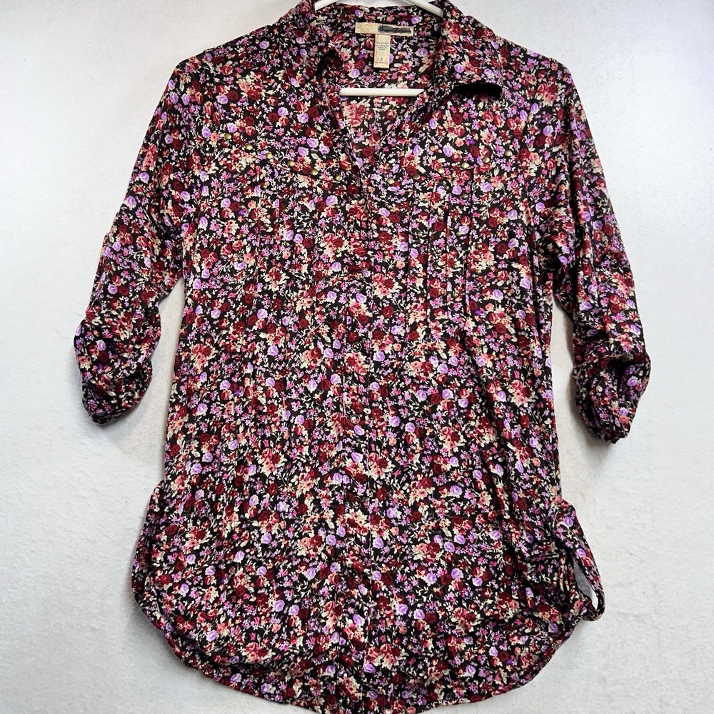 American Rag Cie Western top Floral 3/4 Sleeve Snap Front Collard Size S